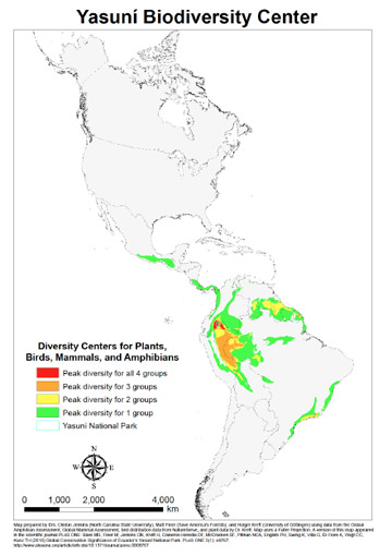 Top biodiversity for species groups. Yasuni sits in the small red region, which has peak biodiversity for four groups. Map by Matt Finer, Clinton Jenkins, and Holger Kreft.